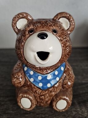 Brown Ceramic Bear Figurine with Blue Polka Dot Scarf